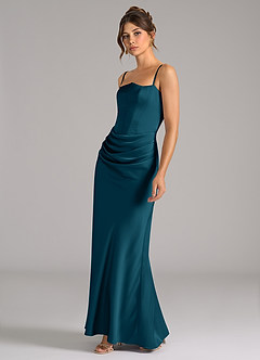 Azazie Debby Vestidos de damas de honor Vestido de Azul Tinta de Satén Elástico de Corte Sirena Convertible con Sin tirantes image6