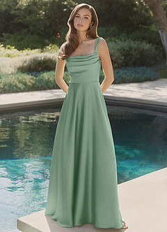 Azazie Shaude Bridesmaid Dresses Agave A-Line Pleated Stretch Satin Dress image4