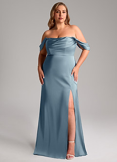 Azazie Saige Bridesmaid Dresses Dusty Blue Sheath Off the Shoulder Stretch Satin Dress image11