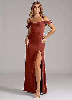 Azazie Callan Bridesmaid Dresses Terracotta A-Line Pleated Stretch Satin Convertible Dress image3