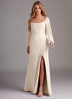 Azazie Charissa Bridesmaid Dresses White Alabaster Sheath Long Sleeve Chiffon Dress image3