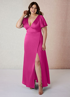 Azazie Lani Vestidos de damas de honor Vestido de Fucsia de Satén Elástico de Corte en A con Manga volante image7