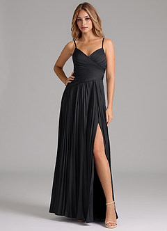 Azazie Vini Bridesmaid Dresses Black A-Line Pleated Stretch Satin Dress image3
