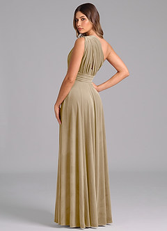 Azazie Charlize Bridesmaid Dresses Golden Tan A-Line One Shoulder Velvet Dress image2