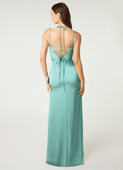 Azazie Desi Vestidos de damas de honor Vestido de Aqua de Satén Elástico de Corte Recto con Corsé Halter image3