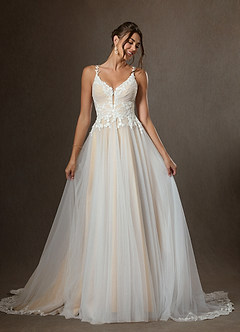 Azazie Devi Wedding Dresses Diamond White Champagne A-Line V-Neck Lace Tulle Dress image4
