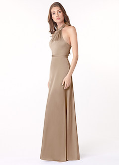 Azazie Delmar Vendita Finale Abito A-Line in Raso Elasticizzato con Scollo Halter e Fiocco Taupe image3