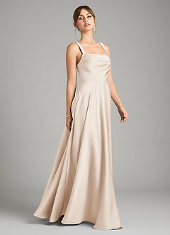 Azazie Shaude Vestidos de damas de honor Vestido de Alabastro Blanco de Satén Elástico de Corte en A con Plisado image7