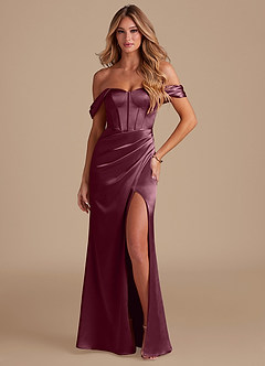 Azazie Asha Bridesmaid Dresses Cabernet Sheath Off the Shoulder Metallic Satin Dress image1