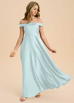 Azazie Sissy Junior Abito A-Line in Raso Elasticizzato a Spalla Scoperta Sea Glass image5