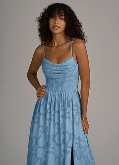Azazie Lettie Bridesmaid Dresses Steel Blue A-Line Corset Floral Burnout Dress image2