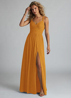 Azazie Aziza Bridesmaid Dresses Butterscotch A-Line V-Neck Pleated Chiffon Dress image2