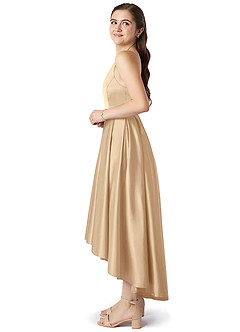 Azazie Jemima Junior Champagne A-Line with Pockets Stretch Satin Dress image3