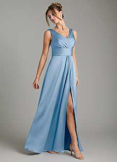 Azazie Karina Bridesmaid Dresses Powder Blue A-Line Pleated Stretch Satin Dress image4