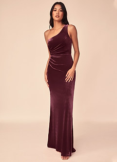 Azazie Argan Bridesmaid Dresses Raspberry A-Line One Shoulder Pleated Velvet Dress image4