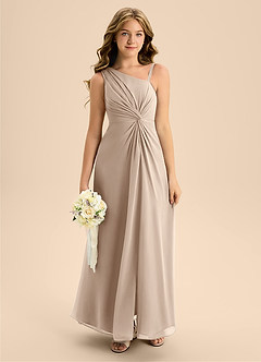 Azazie Brooke Junior Taupe A-Line Side Slit Chiffon Dress image1