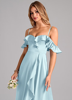 Azazie Lyra Robes de demoiselle d'honneur Robe Trapèze Convertible en Satin extensible Épaules dénudées Bleu Nuage image7