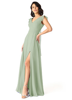 Azazie Claudine Bridesmaid Dresses Dusty Sage A-Line Flutter Sleeve Chiffon Dress image3