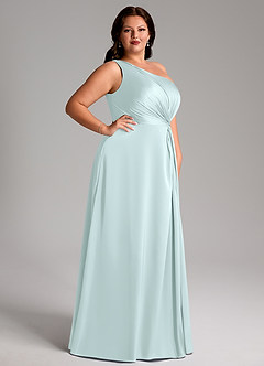 Azazie Brooke Bridesmaid Dresses Sea Glass A-Line One Shoulder Stretch Satin Dress image10