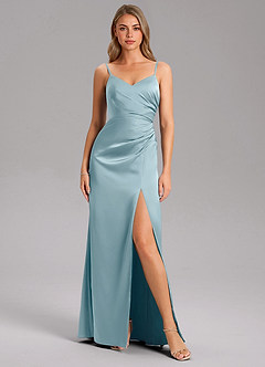 Azazie Azuree Bridesmaid Dresses Moody Blue A-Line Pleated Stretch Satin Dress image6