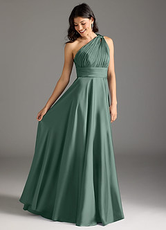 Azazie Charlize Bridesmaid Dresses Eucalyptus A-Line One Shoulder Stretch Satin Dress image2