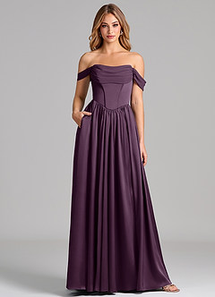Azazie Raisa Bridesmaid Dresses Plum A-Line Off the Shoulder Stretch Satin Dress image1