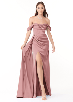 Azazie Amyra Bridesmaid Dresses Dusty Rose Sheath Off the Shoulder Stretch Satin Convertible Dress image1