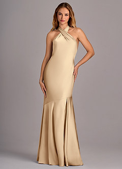 Azazie Lorena Bridesmaid Dresses Champagne Mermaid Pleated Stretch Satin Dress image4