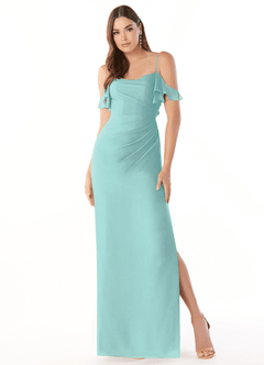 Azazie Emeralda Bridesmaid Dresses Aqua Sheath Off the Shoulder Chiffon Dress image1