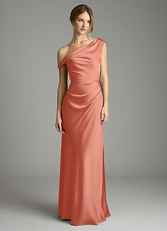 Azazie Emerson Bridesmaid Dresses Salmon Pink Mermaid Off the Shoulder Stretch Satin Dress image3