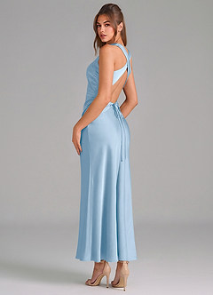 Azazie Evadne Vestidos de damas de honor Vestido de Azul Pálido de Satén Elástico de Corte Recto con Plisado image2