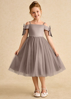 Azazie Amie Flower Girl Dresses Taupe A-Line Off the Shoulder Matte Satin Dress image3