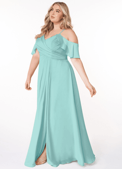 Azazie Dakota Bridesmaid Dresses Aqua A-Line V-Neck Pleated Chiffon Dress image9