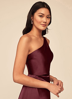 Azazie Maron Robes de demoiselle d'honneur Robe Trapèze en Satin extensible Epaule unique Cabernet image5