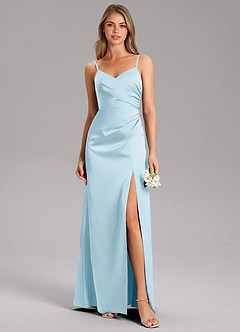 Azazie Azuree Robes de demoiselle d'honneur Robe Trapèze en Satin extensible Plissée Bleu Ciel image1
