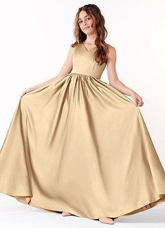 Azazie Hathaway Junior Vestido de Champán de Satén Elástico de Corte En A con Lazo image2