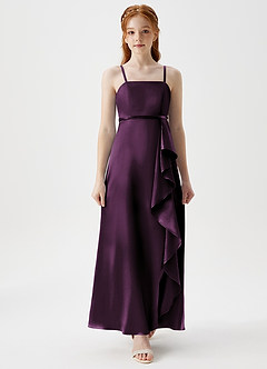 Azazie Kaylee Junior Plum A-Line with Belt Metallic Satin Dress image4