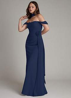 Azazie Ezria Bridesmaid Dresses Dark Navy A-Line Off the Shoulder Chiffon Dress image11
