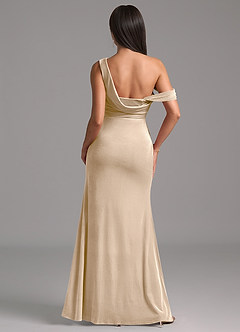 Azazie Madelyn Robes de demoiselle d'honneur Robe Fourreau en velours Ue épaule Champagne image6