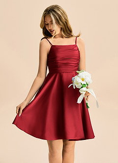 Azazie Miko Junior Scarlet A-Line Pleated Stretch Satin Dress image4