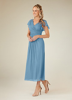 Azazie Vera Mother of the Bride Dresses Steel Blue A-Line V-Neck Pleated Mesh Dress image2