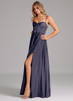 Azazie Akiko Robes de demoiselle d'honneur Robe Trapèze en Satin extensible Encolure en Forme de Cœur Bleu Orageux image6