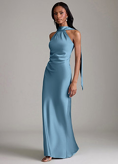 Azazie Cassiana Abiti da Damigella Abito Sirena in Raso Elasticizzato Plissettato Blu Acciaio image5