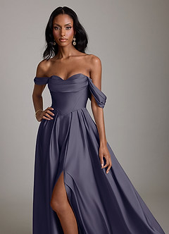 Azazie Loisa Abiti da Damigella Abito A-Line in Raso Elasticizzato a Spalla Scoperta Stormy image5