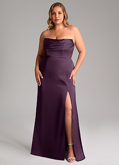 Azazie Saige Bridesmaid Dresses Plum Sheath Off the Shoulder Stretch Satin Dress image16