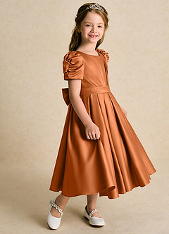 Azazie Miriam vestidos de niña de las flores Vestido de Cobre de Satin Mate de Princesa con Plisado image6