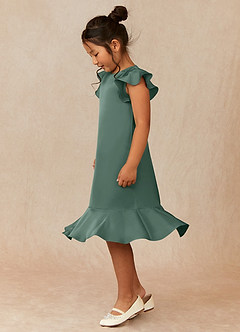 Azazie Sweet Pea Flower Girl Dresses Eucalyptus A-Line Ruched Stretch Satin Dress image4