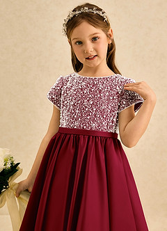 Azazie Cashew Blumenmädchenkleider Ballkleid mit ärmel Matte Satin Kleid Burgunderrot image6