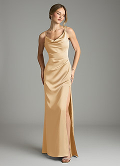 Azazie Samara Robes de demoiselle d'honneur Robe Sirène en Satin extensible Plissé Or image1