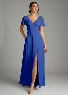 Azazie Kimber Bridesmaid Dresses Royal Blue A-Line Flounce Sleeve Chiffon Dress image4